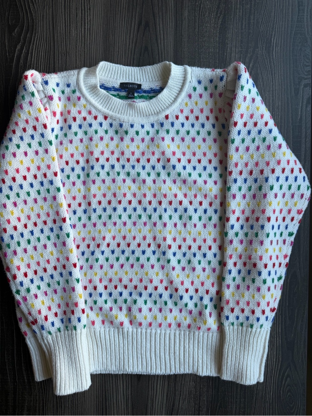 Talbots White Crewneck Sweater with Multicolor Heart Dots